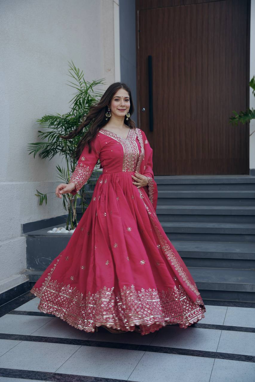 Rani Pink Designer Embroidered Anarkali Suit Set with Dupatta For Women Wear@#$%^&*()12345678