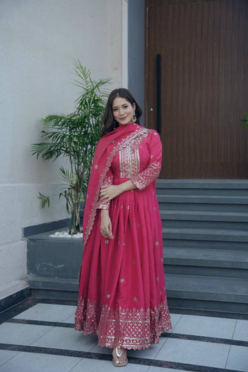 Rani Pink Designer Embroidered Anarkali Suit Set with Dupatta For Women Wear@#$%^&*()12345678