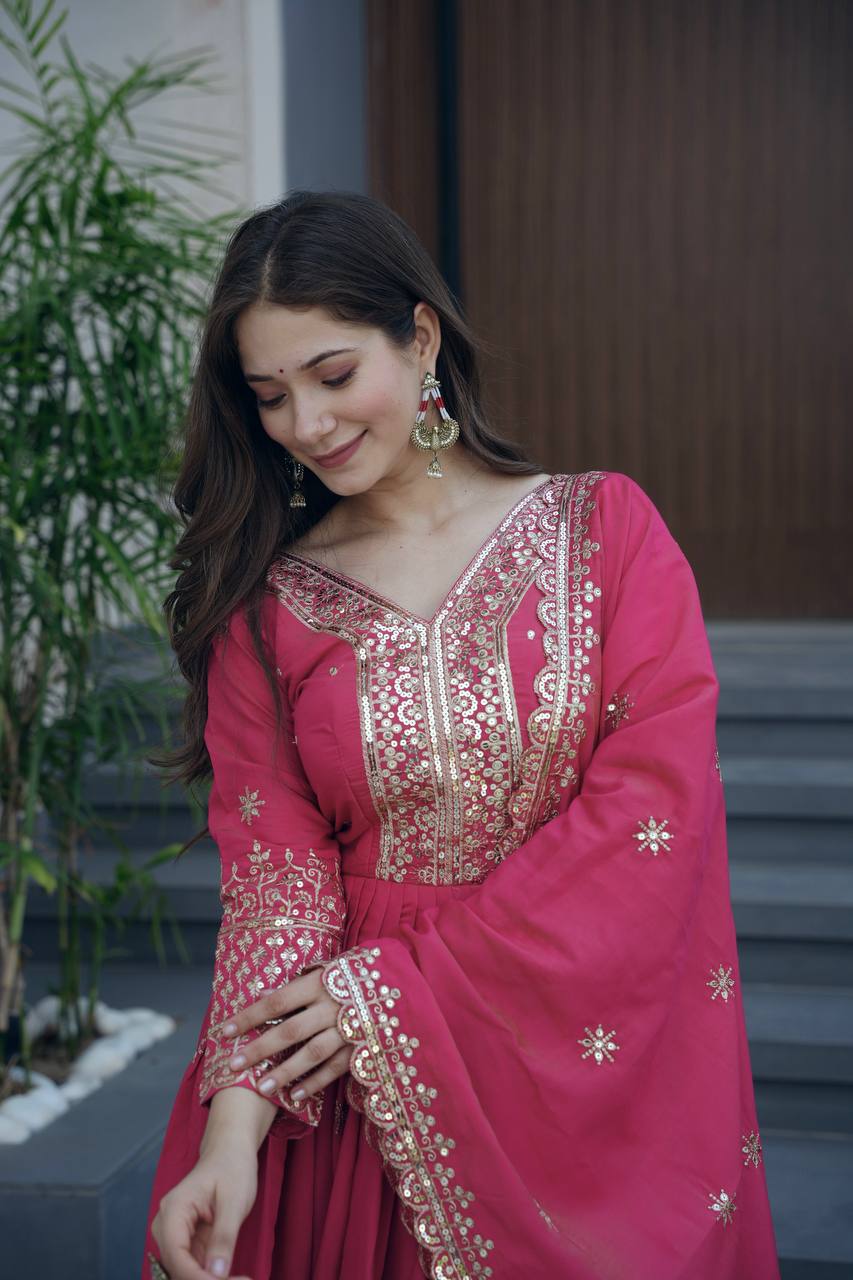 Rani Pink Designer Embroidered Anarkali Suit Set with Dupatta For Women Wear@#$%^&*()12345678