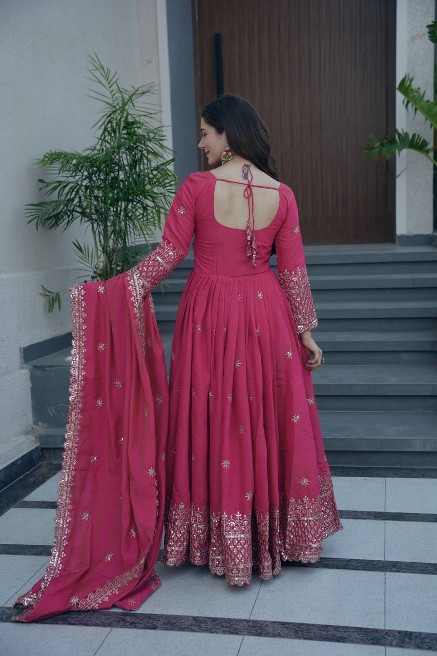 Rani Pink Designer Embroidered Anarkali Suit Set with Dupatta For Women Wear@#$%^&*()12345678