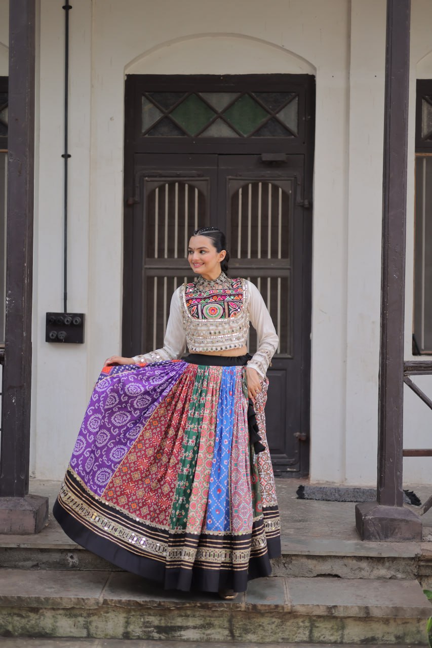 Multicolor Printed & Mirror Work Navratri Lehenga Choli For Festive Garba Outfit