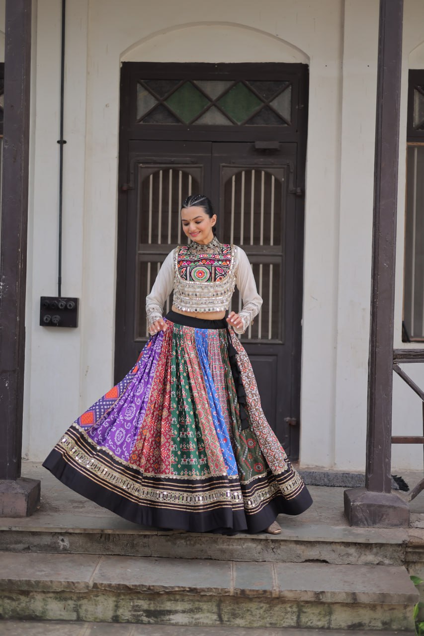 Multicolor Printed & Mirror Work Navratri Lehenga Choli For Festive Garba Outfit