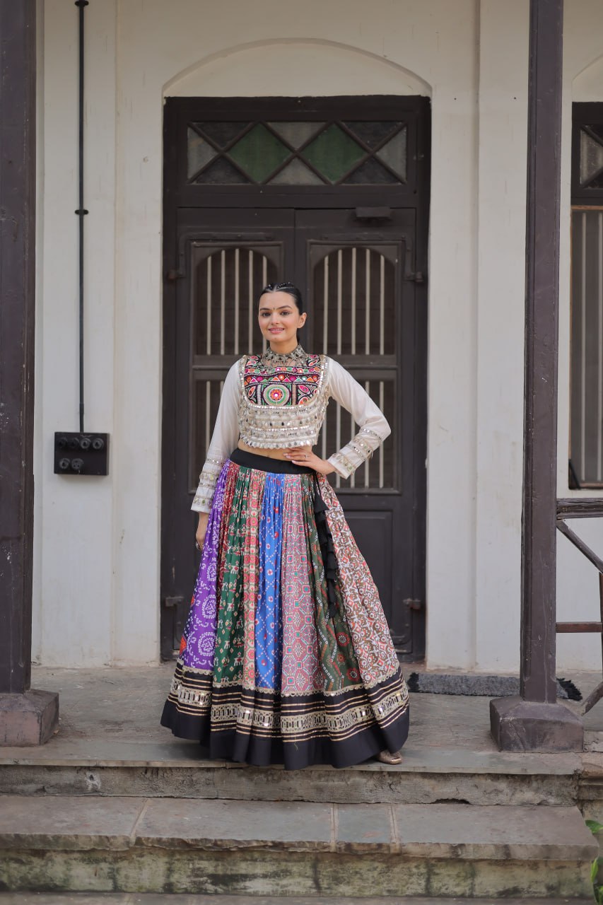 Multicolor Printed & Mirror Work Navratri Lehenga Choli For Festive Garba Outfit