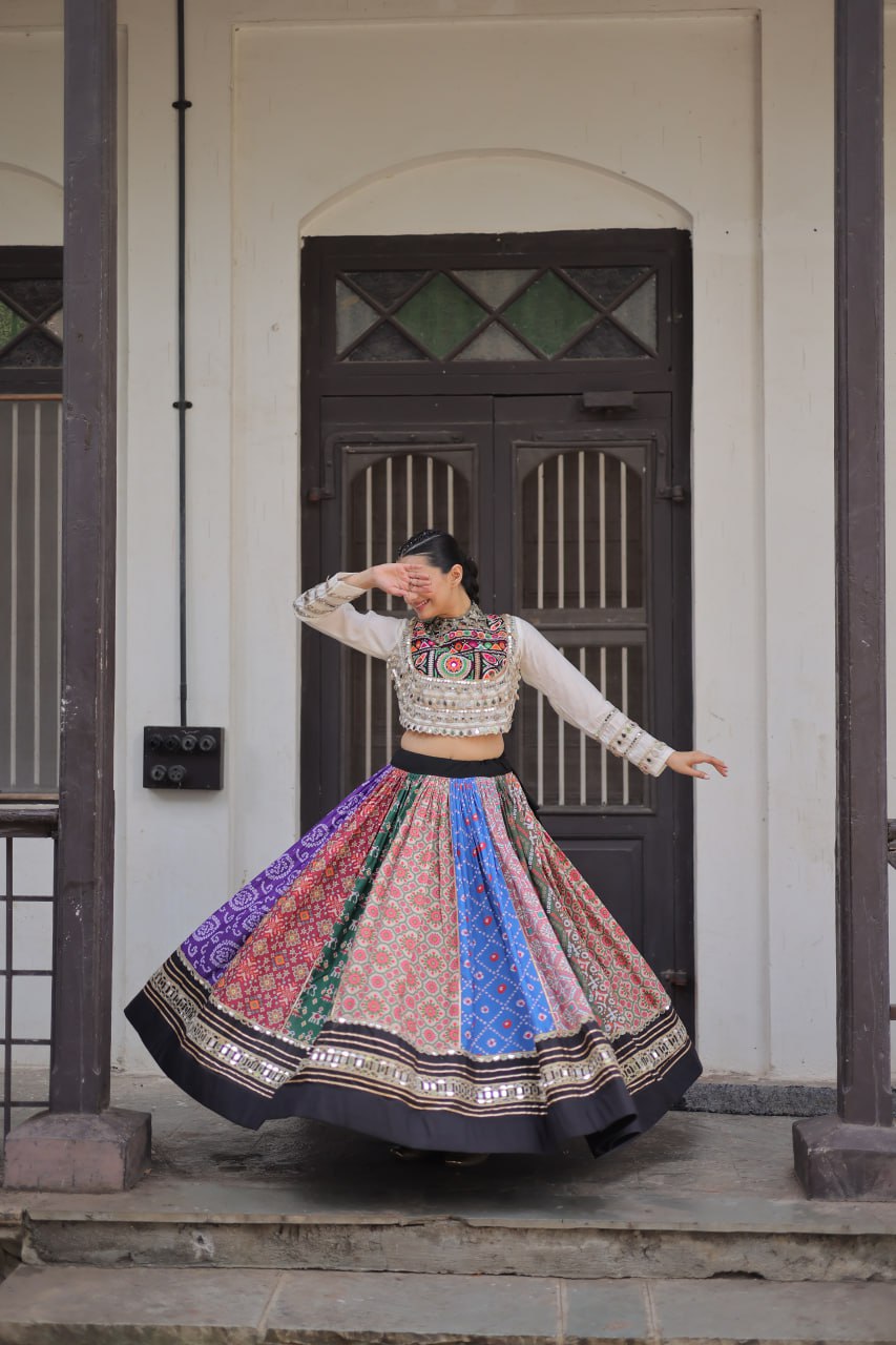 Multicolor Printed & Mirror Work Navratri Lehenga Choli For Festive Garba Outfit