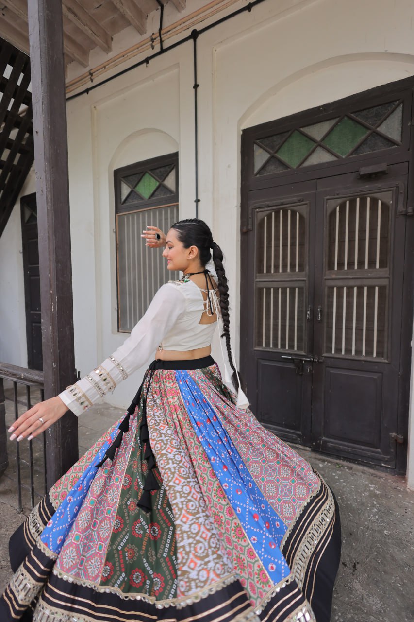 Multicolor Printed & Mirror Work Navratri Lehenga Choli For Festive Garba Outfit