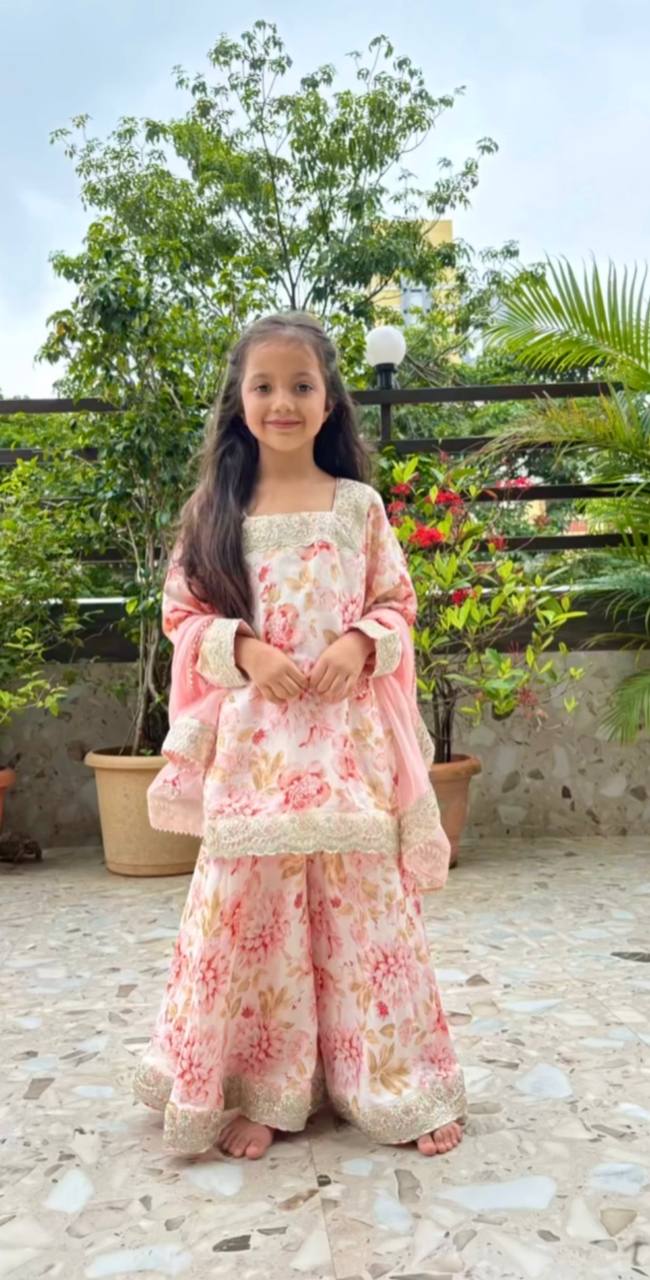 Elegant Peach Printed Palazzo Set for Girls with Sequin Border
