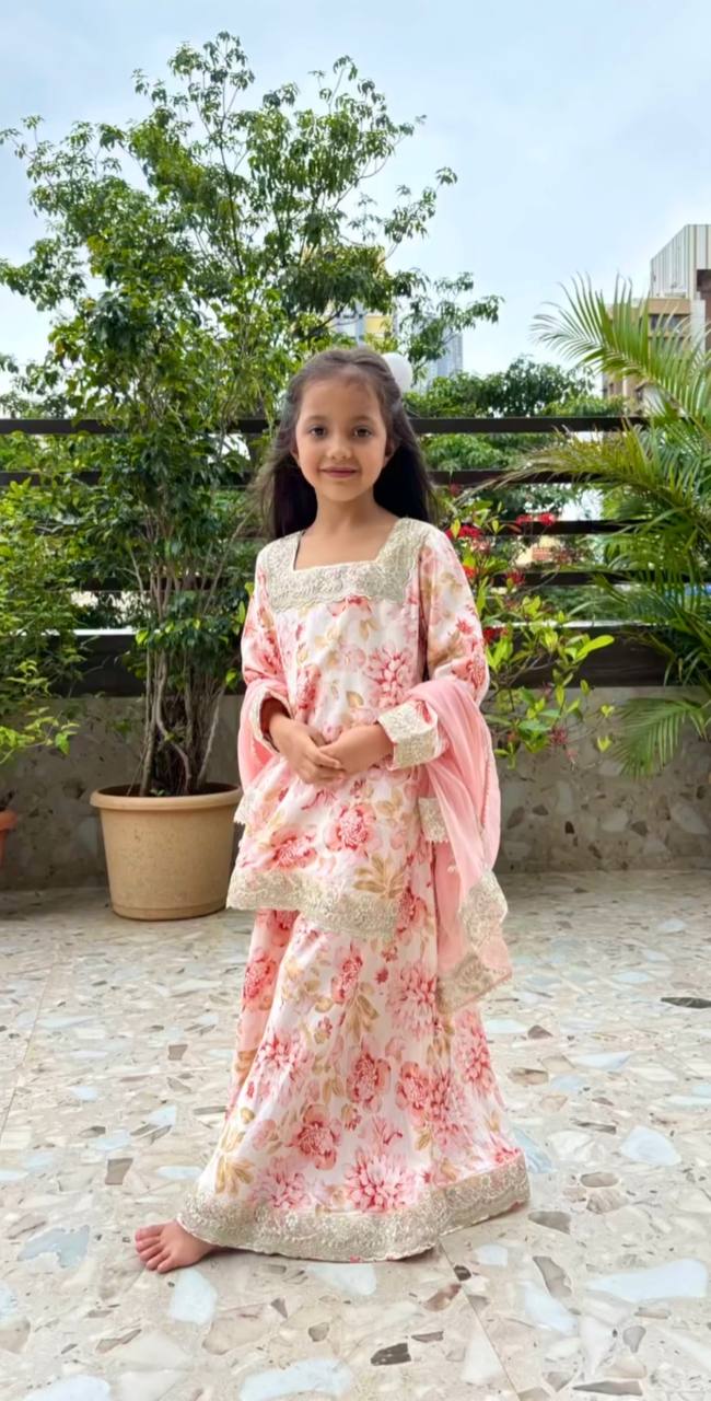Elegant Peach Printed Palazzo Set for Girls with Sequin Border