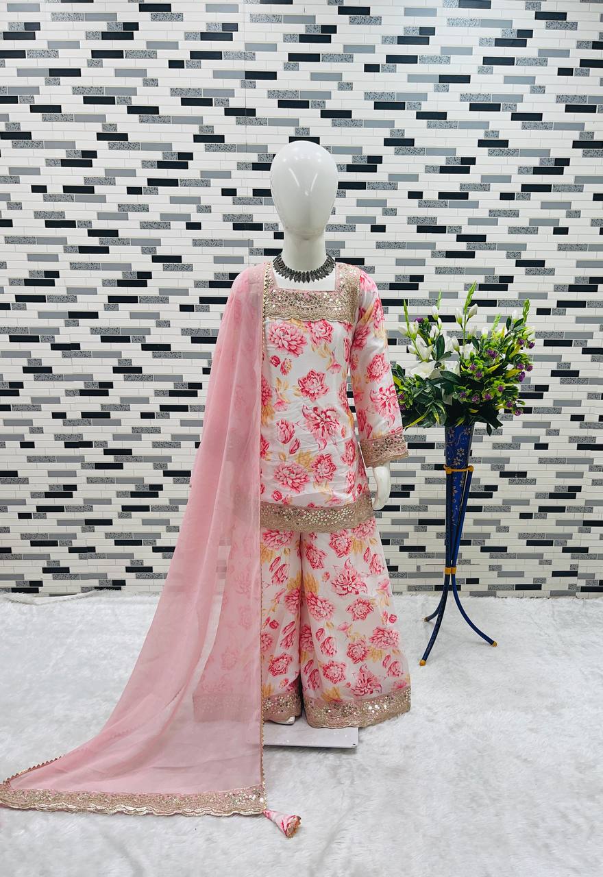 Elegant Peach Printed Palazzo Set for Girls with Sequin Border