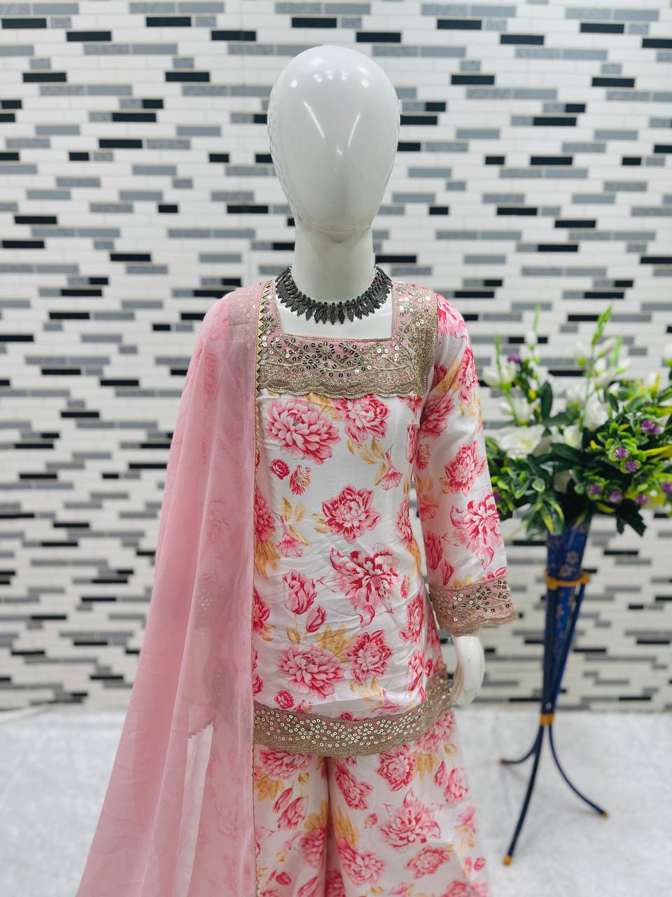 Elegant Peach Printed Palazzo Set for Girls with Sequin Border