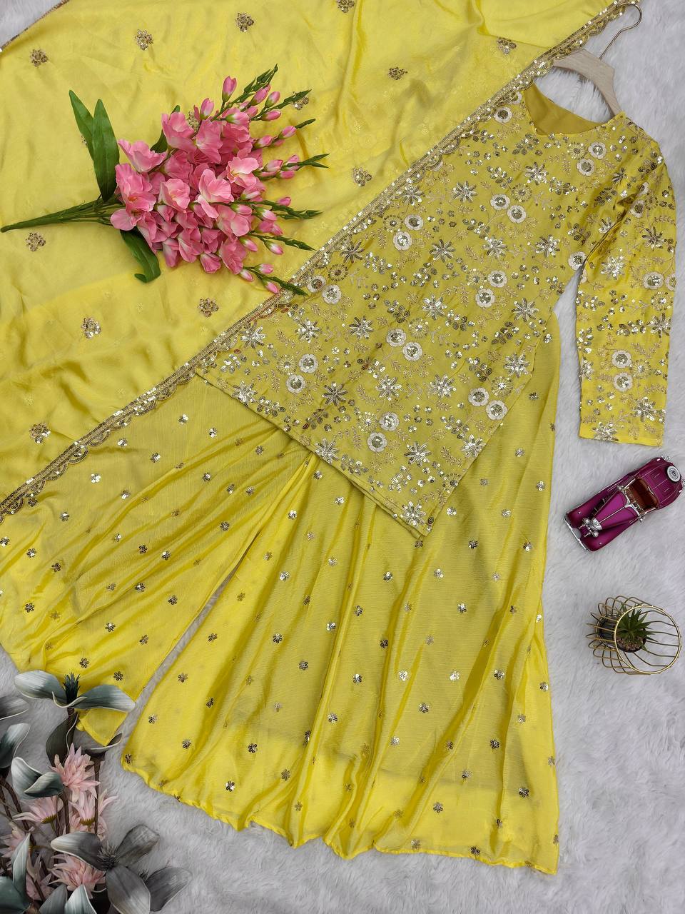 Sunshine Yellow Embroidered Kurti Sharara Set With Dupatta For Festive Wear