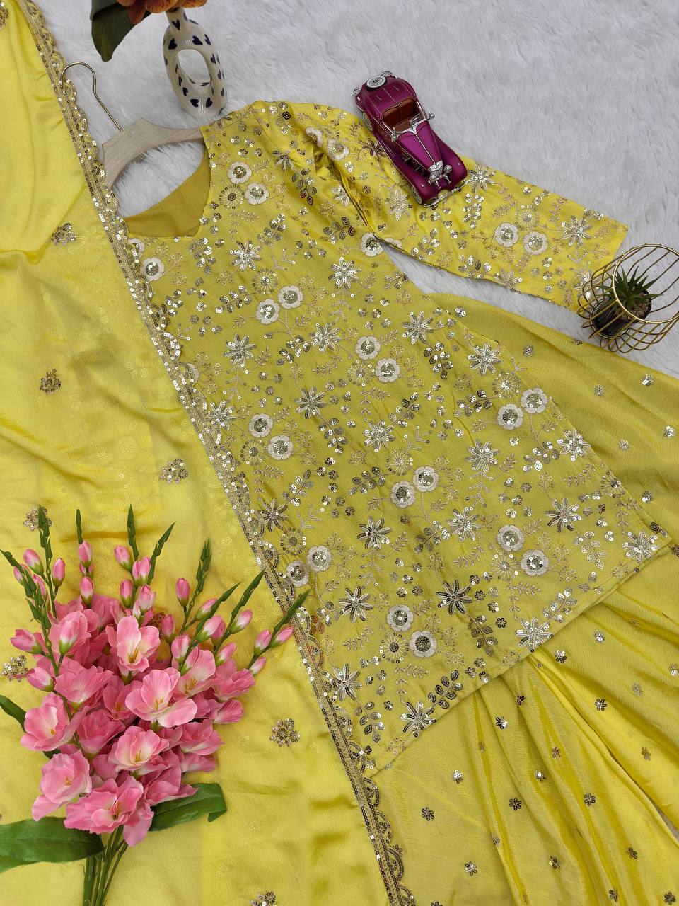 Sunshine Yellow Embroidered Kurti Sharara Set With Dupatta For Festive Wear