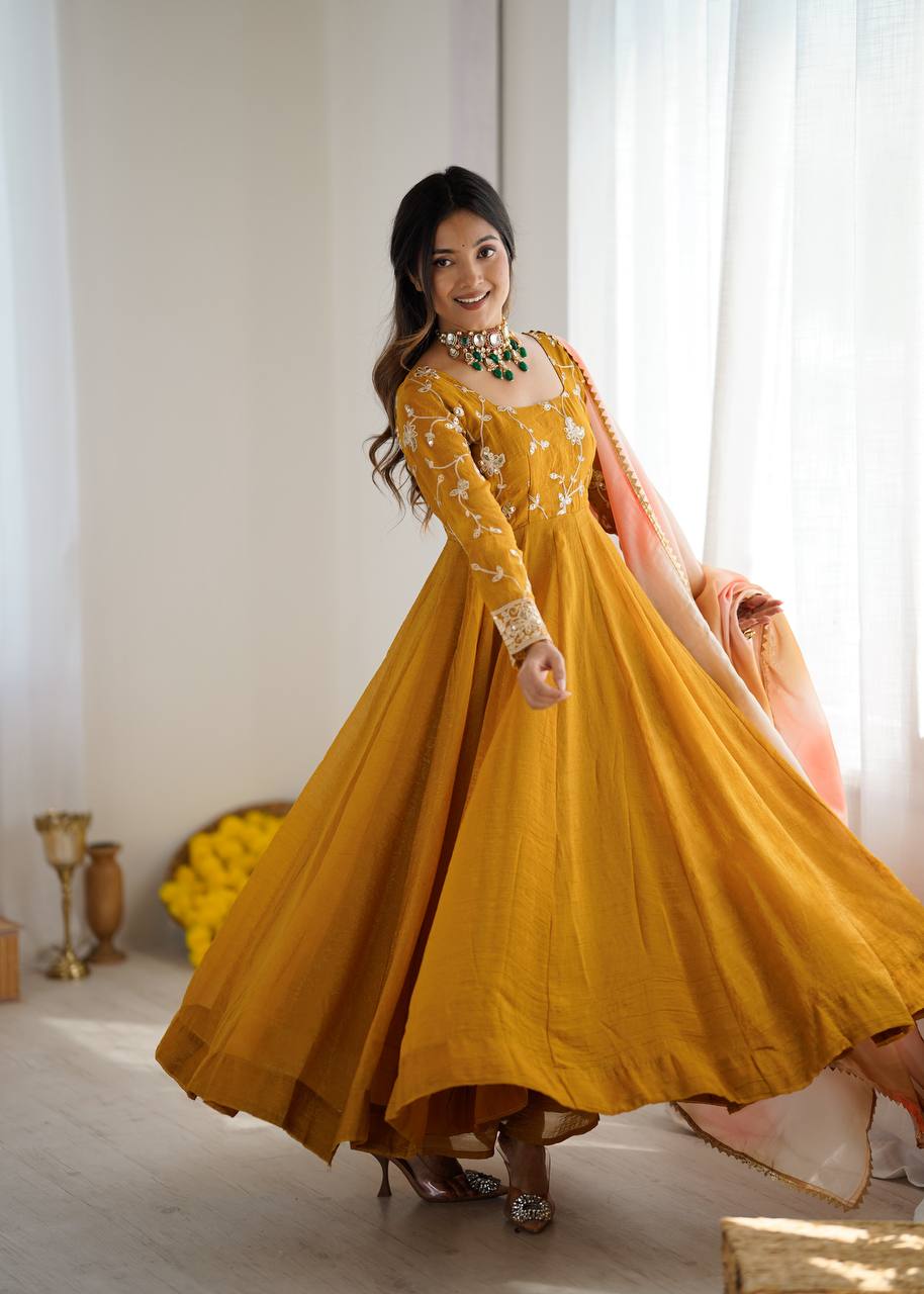 Maroon Embroidered Anarkali Gown with Dupatta For Women Wear