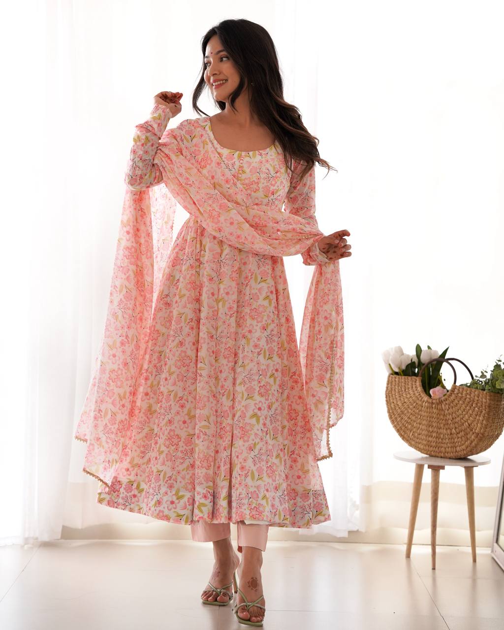 Impressive Peach Chiffon Floral Printed Casual Wear Anarkali Suit