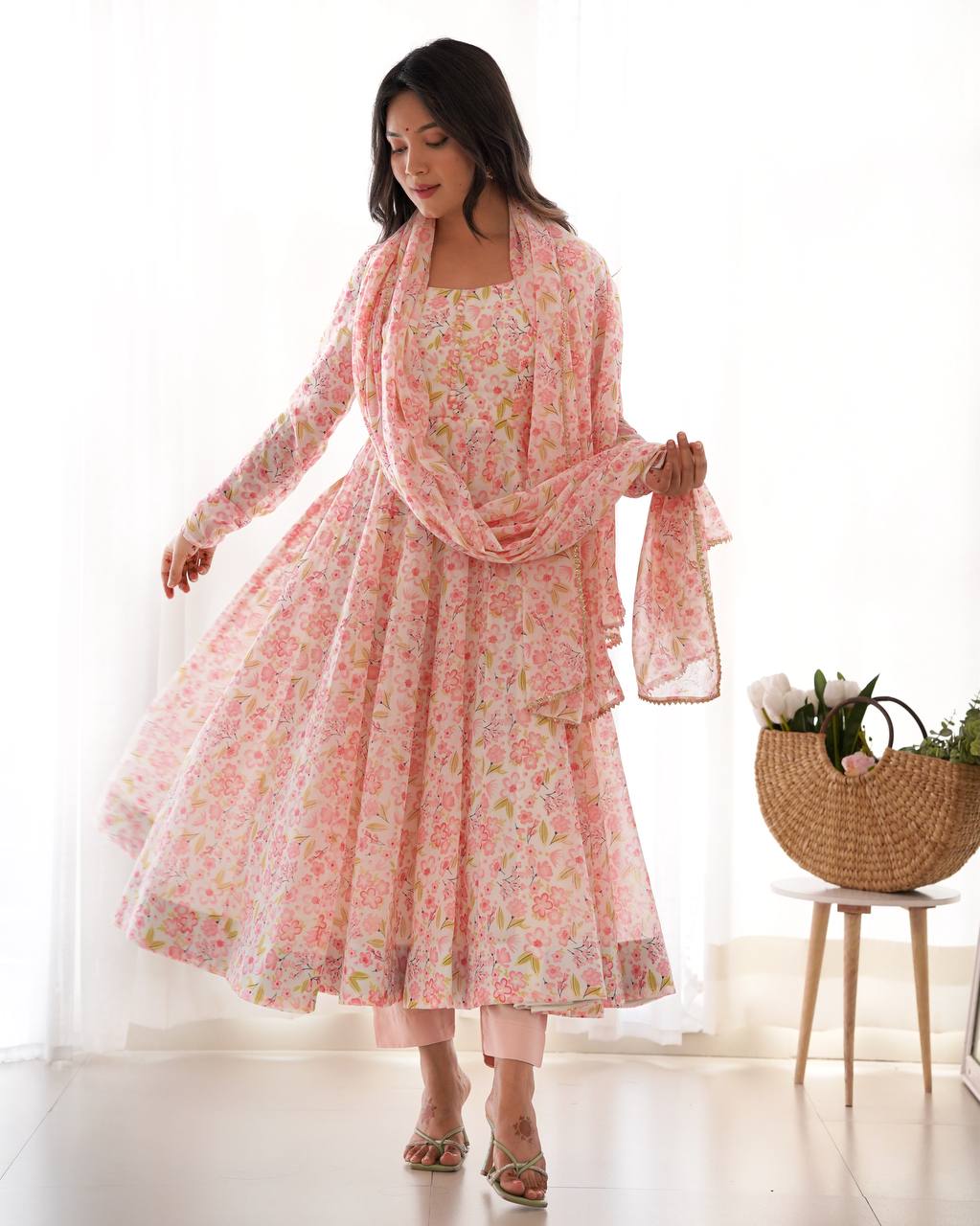 Impressive Peach Chiffon Floral Printed Casual Wear Anarkali Suit