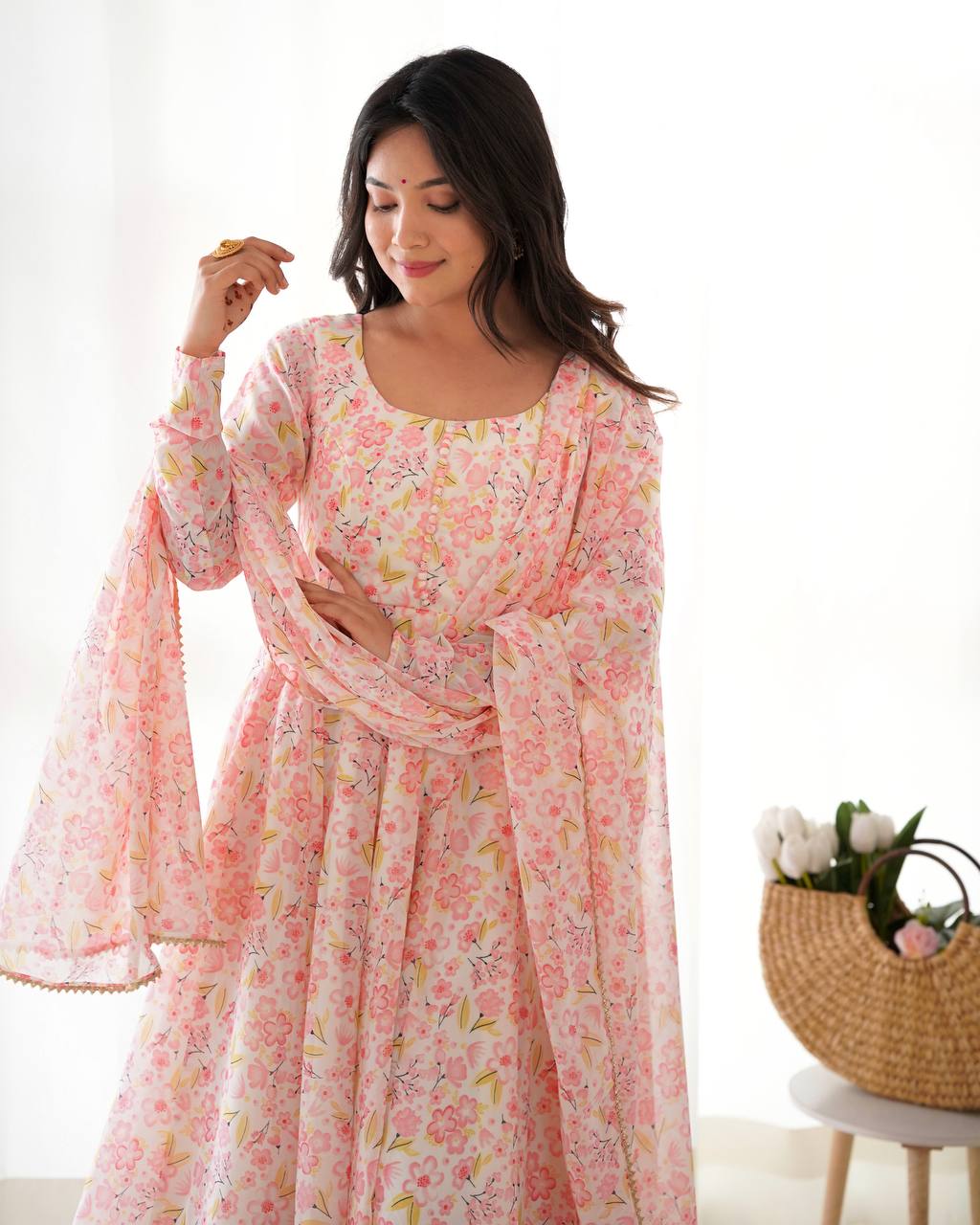 Impressive Peach Chiffon Floral Printed Casual Wear Anarkali Suit