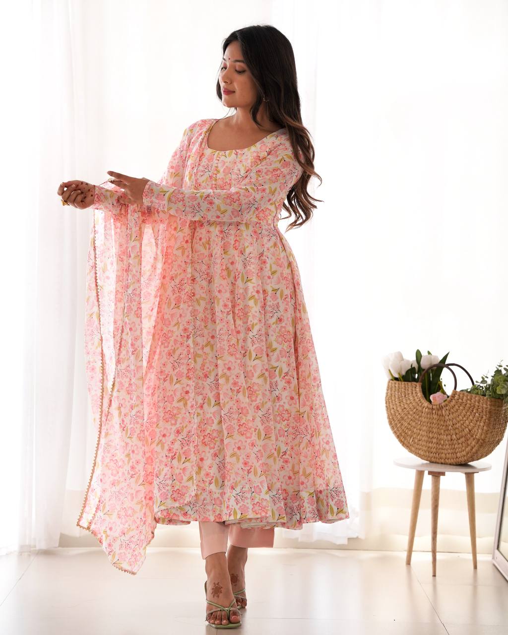 Impressive Peach Chiffon Floral Printed Casual Wear Anarkali Suit