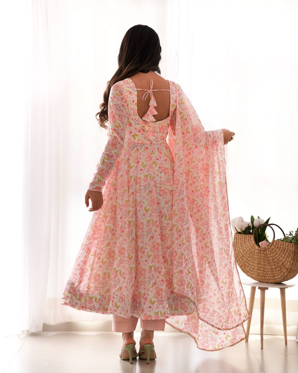 Impressive Peach Chiffon Floral Printed Casual Wear Anarkali Suit
