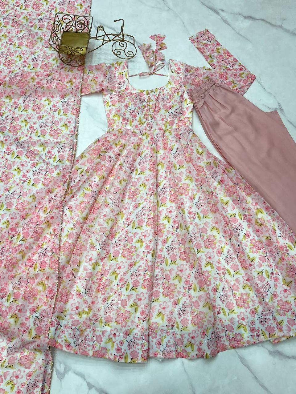 Impressive Peach Chiffon Floral Printed Casual Wear Anarkali Suit