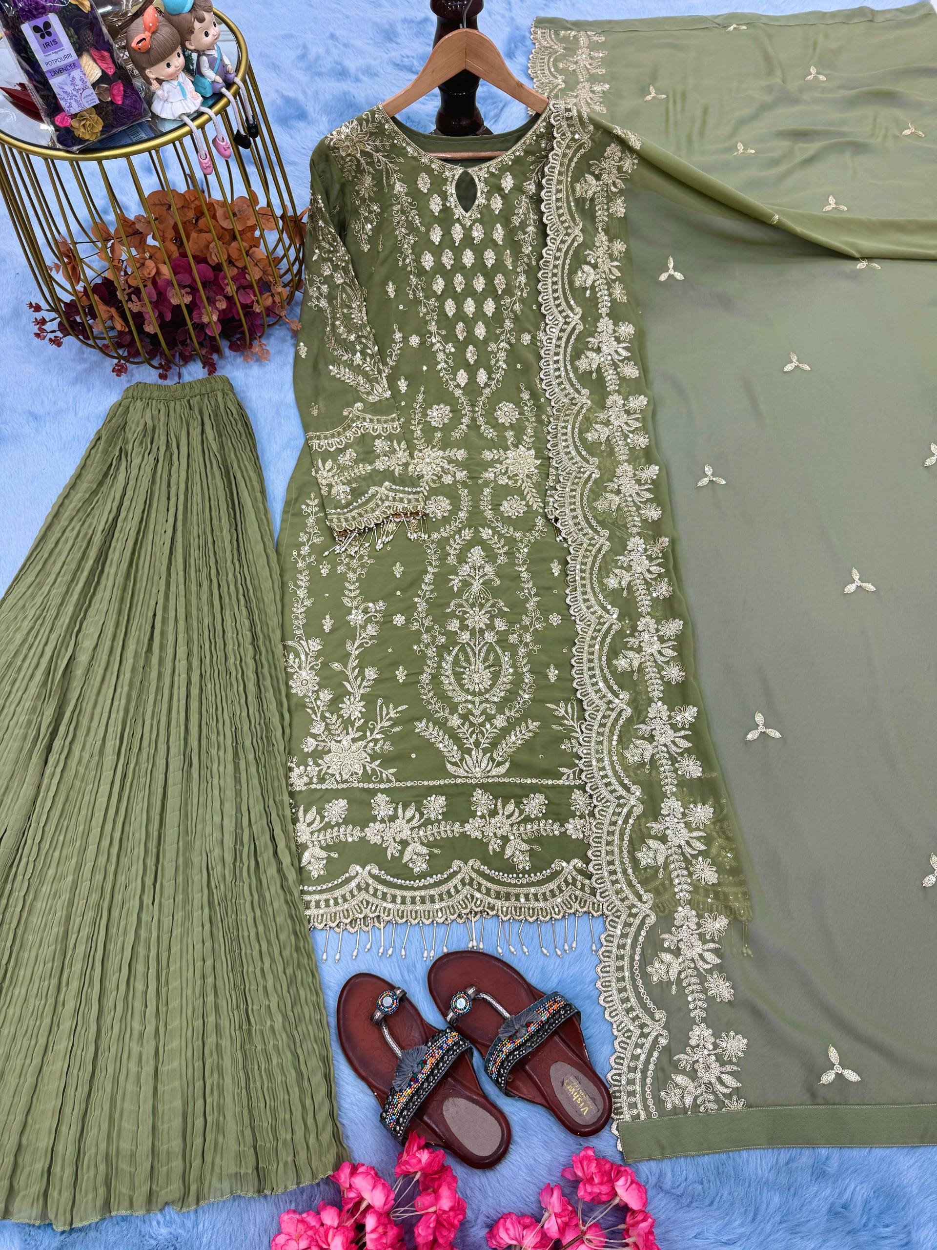 Olive Green Embroidered Kurta Set with Crushed Palazzo & Elegant Dupatta
