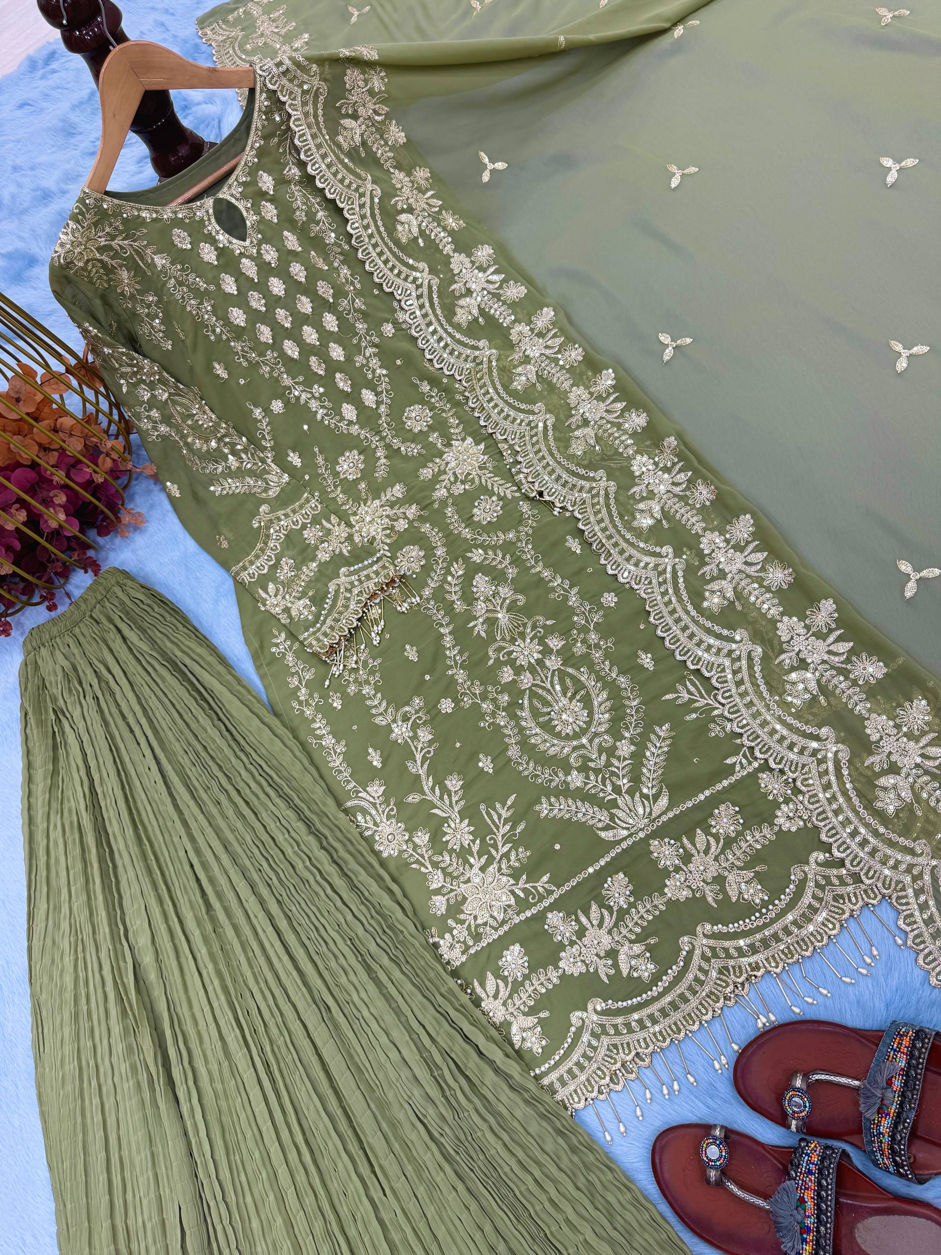 Olive Green Embroidered Kurta Set with Crushed Palazzo & Elegant Dupatta