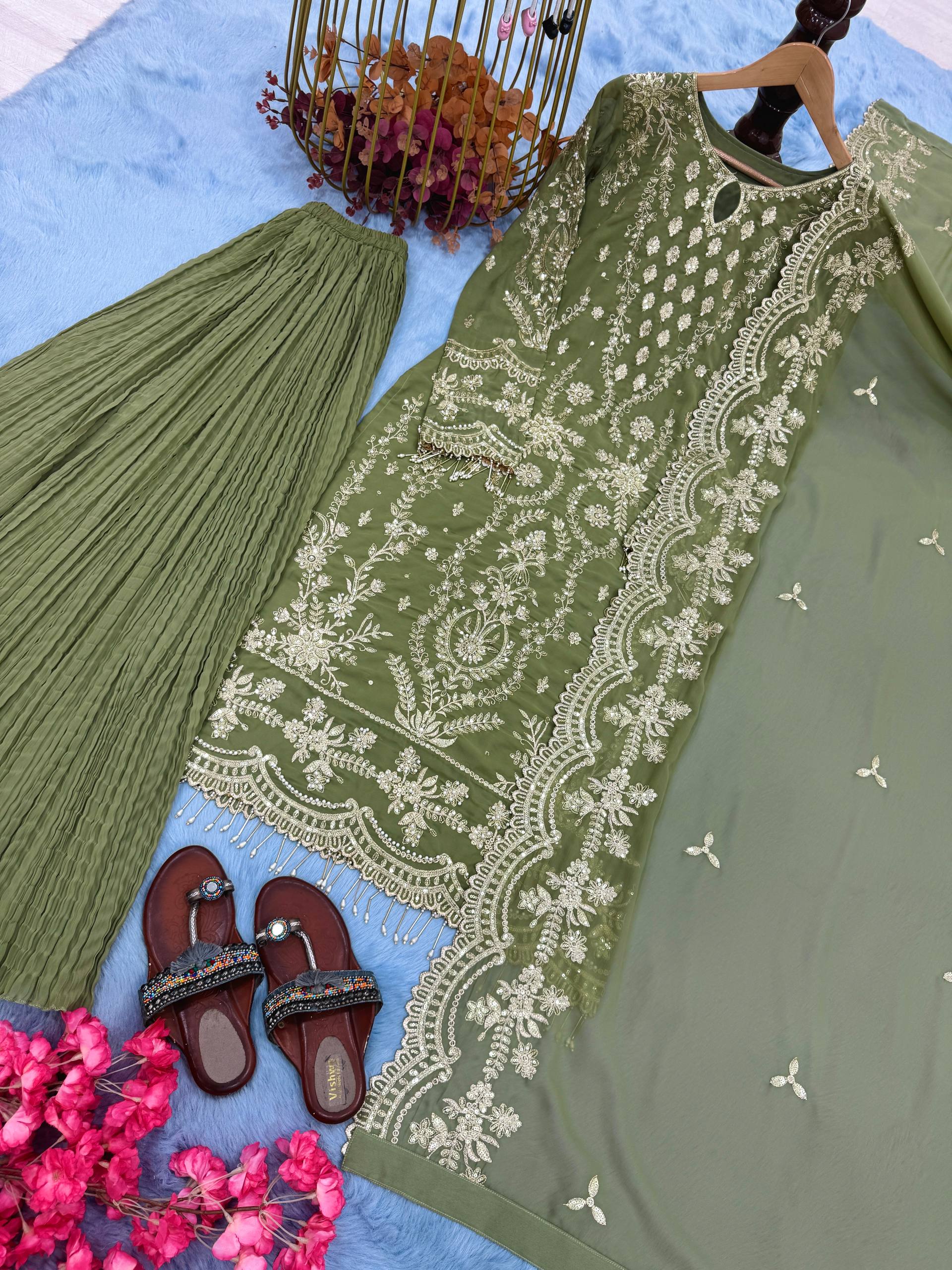 Olive Green Embroidered Kurta Set with Crushed Palazzo & Elegant Dupatta