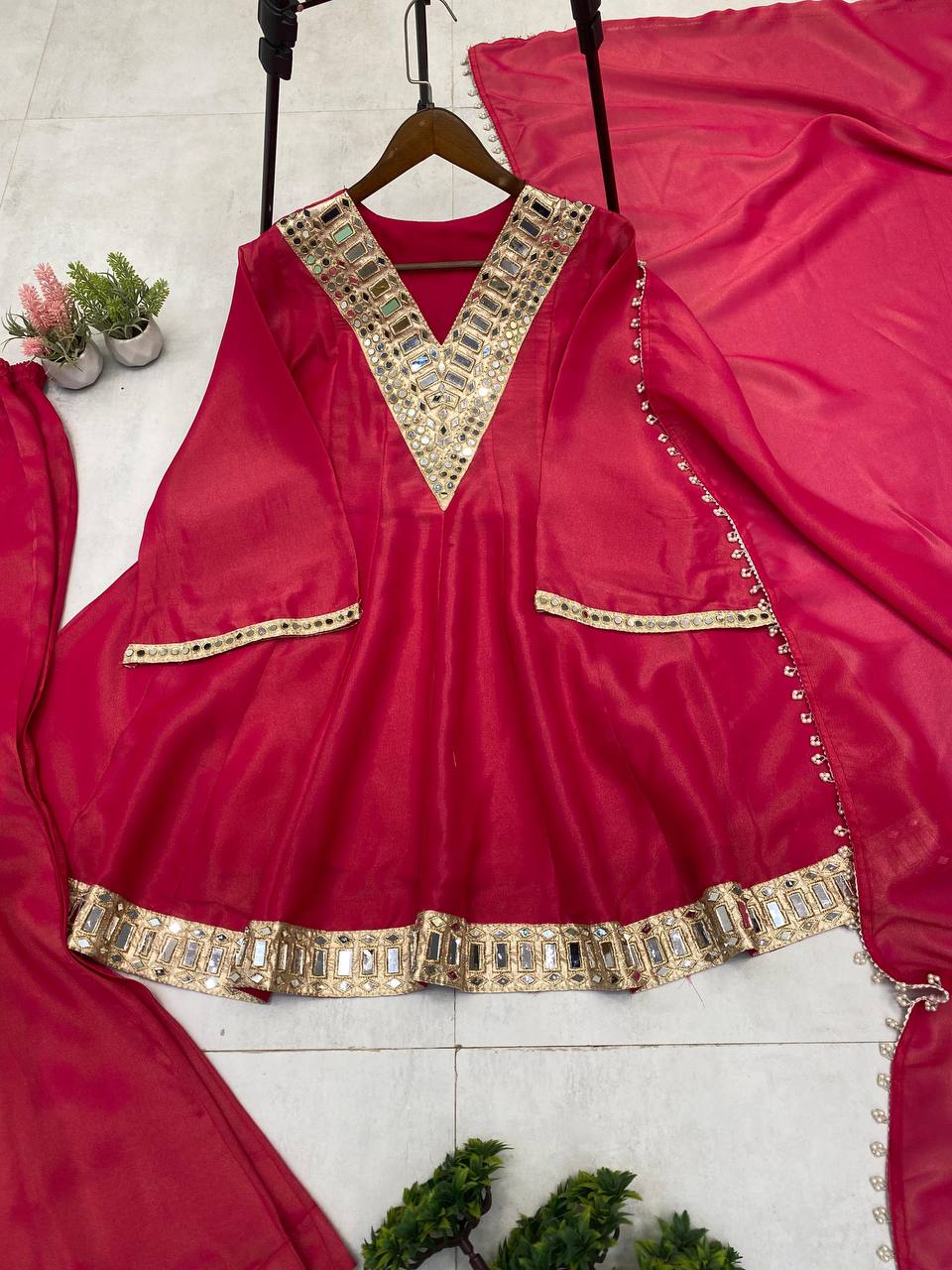 Wedding Special Rani Pink Embellished Plazzo Set For Women