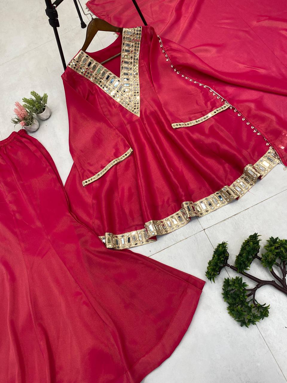 Wedding Special Rani Pink Embellished Plazzo Set For Women