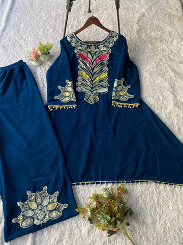 Peacock Blue Festive Wear Kurta Set with Sequence Embroidery Work