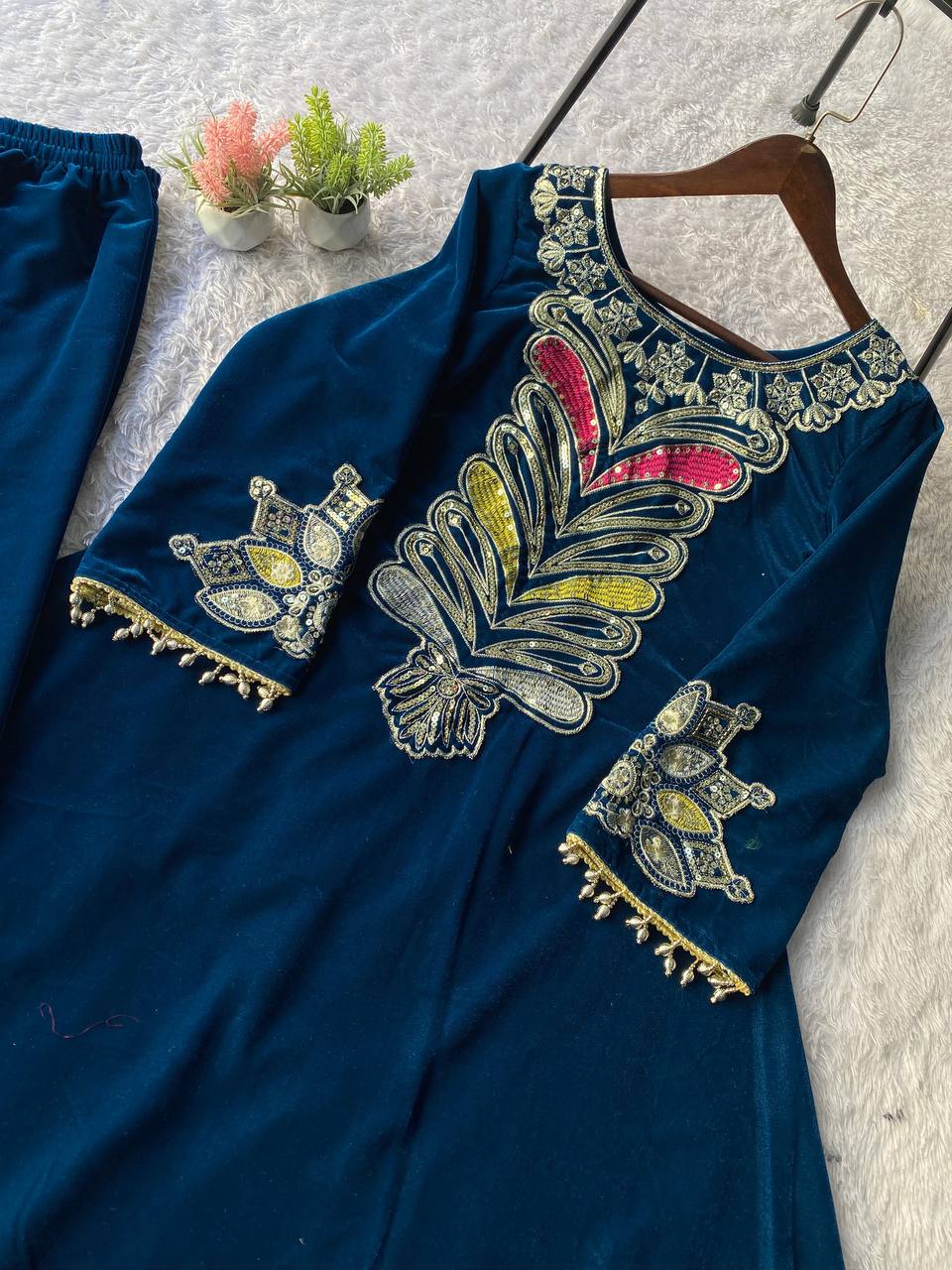 Peacock Blue Festive Wear Kurta Set with Sequence Embroidery Work