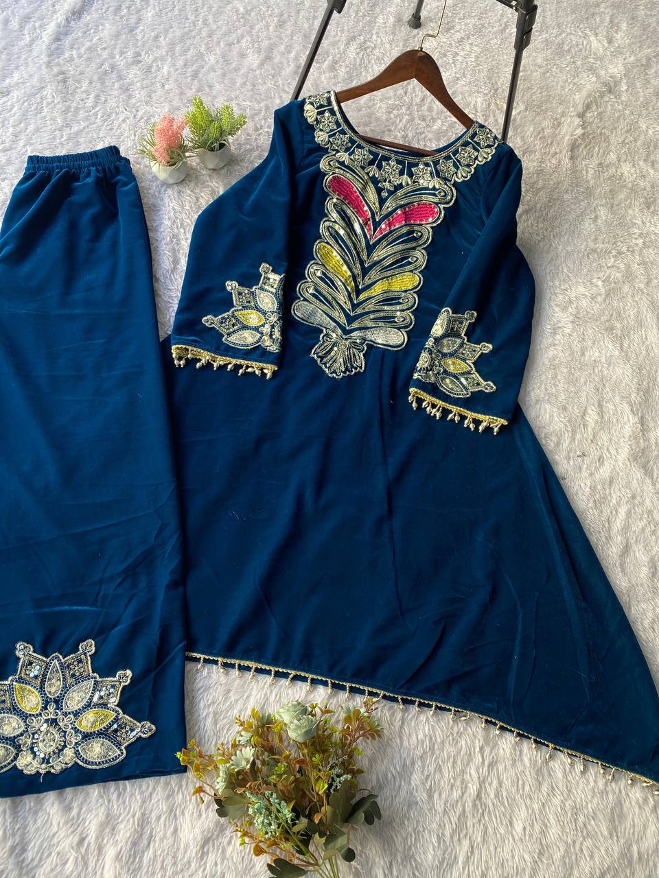 Peacock Blue Festive Wear Kurta Set with Sequence Embroidery Work