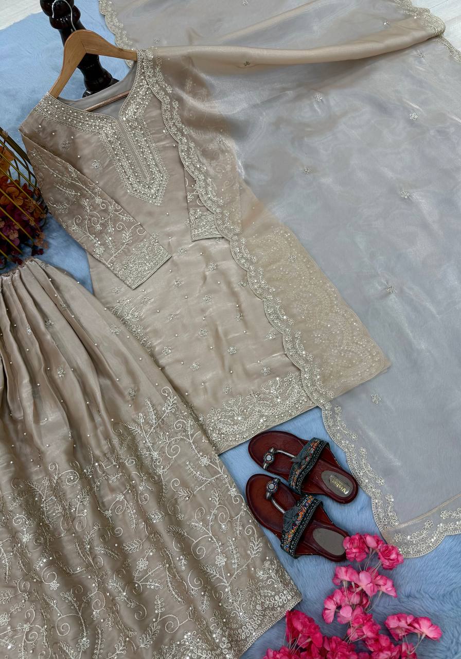 Dusty Rose Pink Embroidered Kurta Palazzo Set with Dupatta For Festive Wear@#$%^&*(12345678