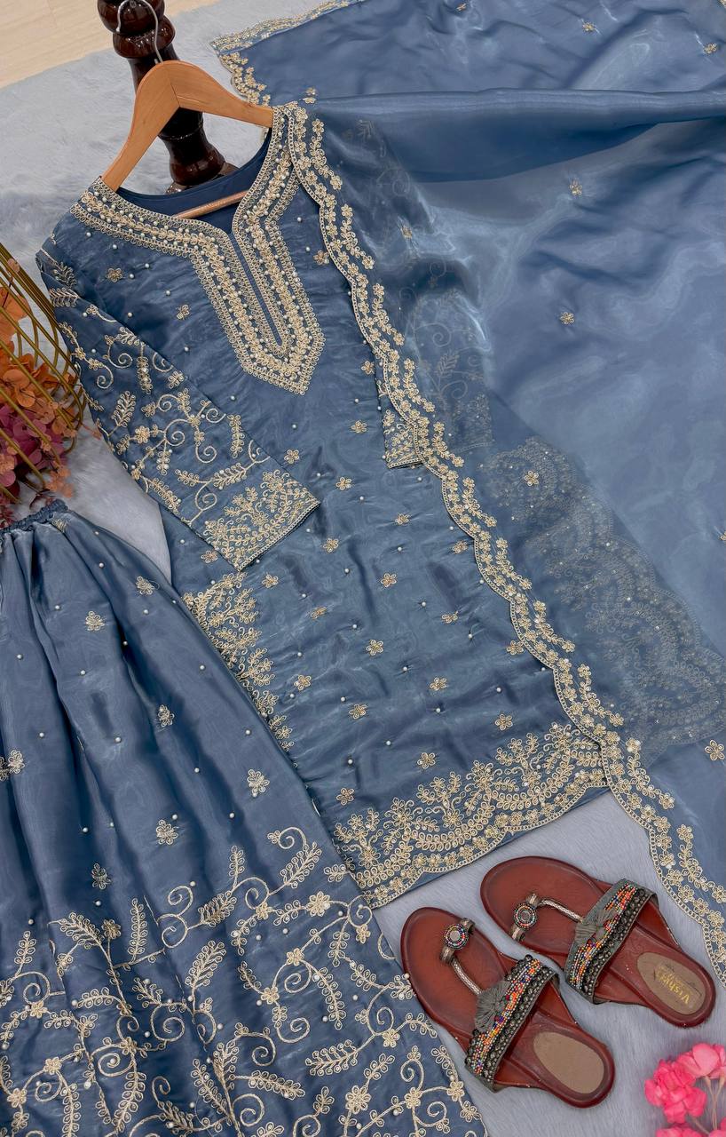 Dusty Rose Pink Embroidered Kurta Palazzo Set with Dupatta For Festive Wear@#$%^&*(12345678