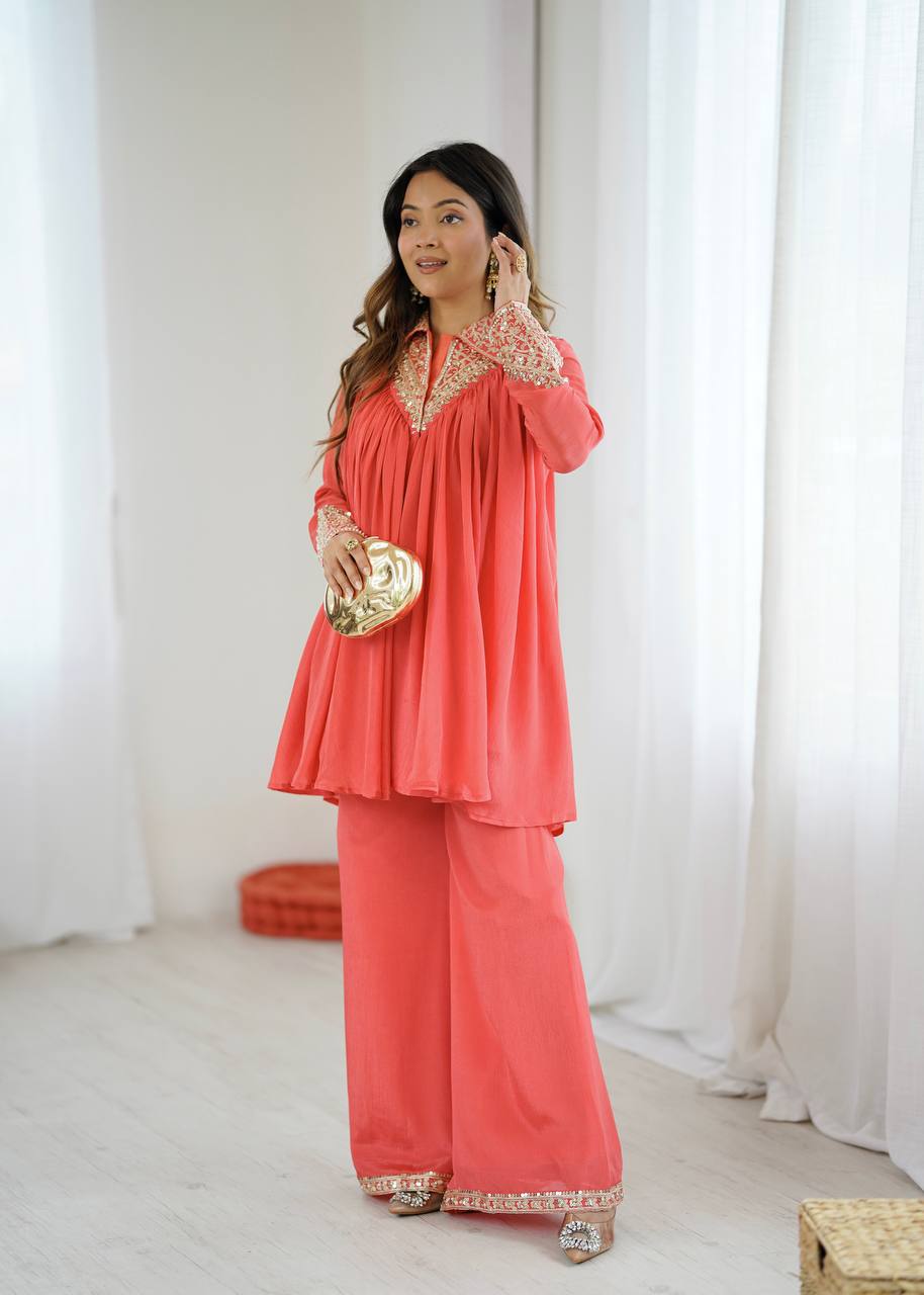 Elegant Coral Embroidered Kurta Set with Palazzo Pants