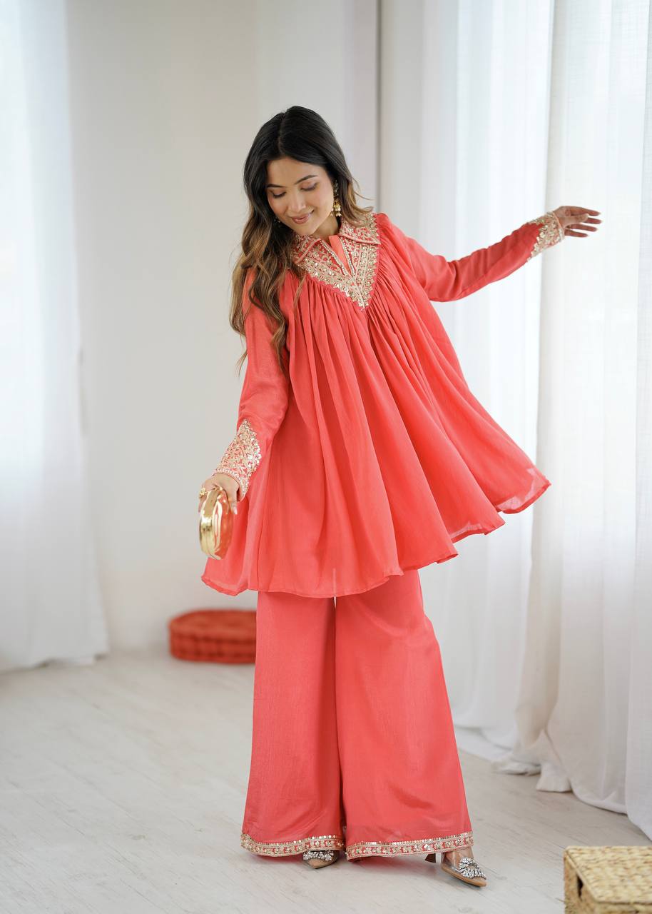 Elegant Coral Embroidered Kurta Set with Palazzo Pants