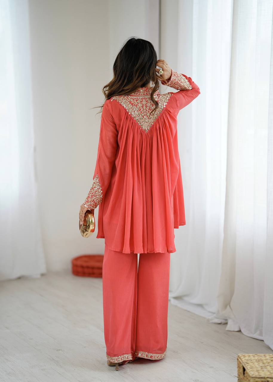 Elegant Coral Embroidered Kurta Set with Palazzo Pants