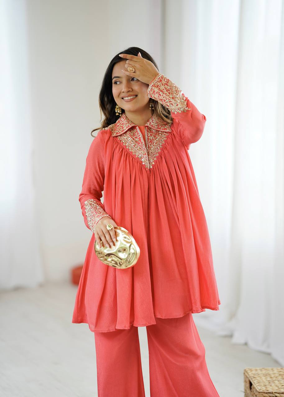 Elegant Coral Embroidered Kurta Set with Palazzo Pants