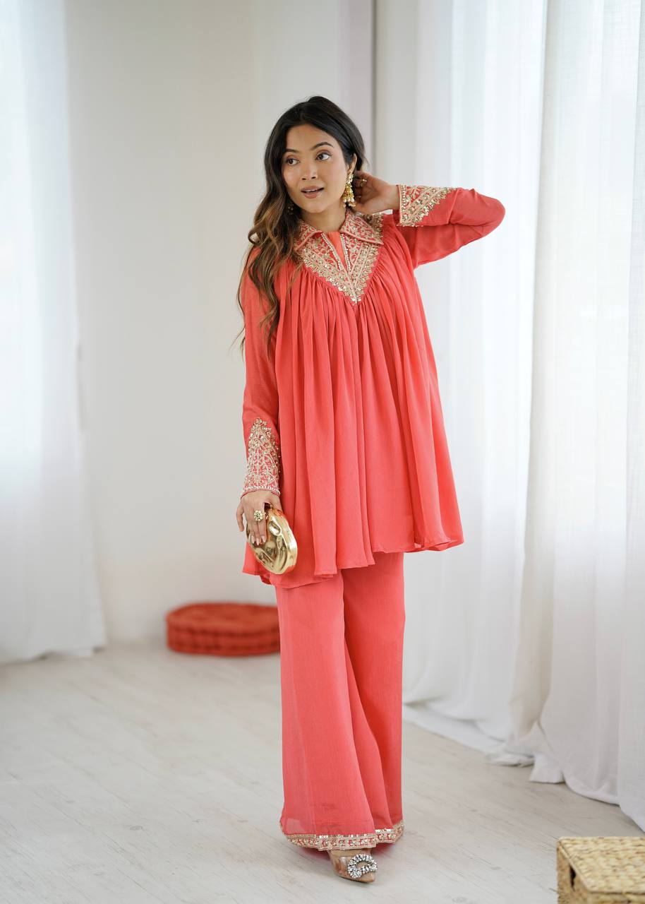 Elegant Coral Embroidered Kurta Set with Palazzo Pants