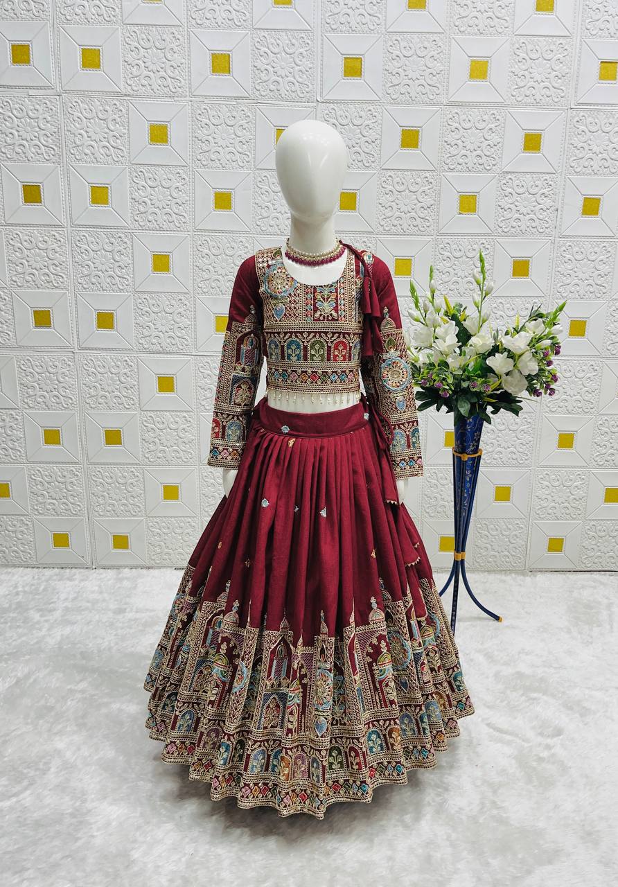 Royal Maroon Lehenga Choli Set for Girls with Intricate Detailing