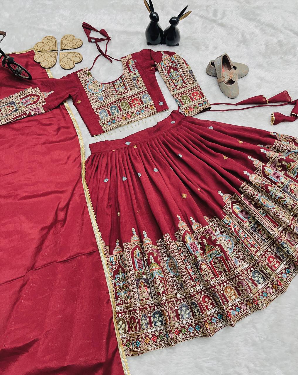 Royal Maroon Lehenga Choli Set for Girls with Intricate Detailing