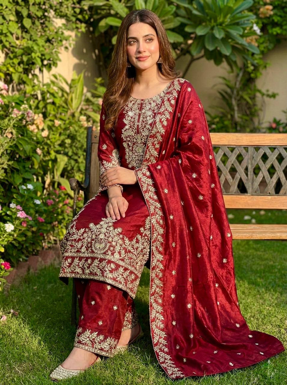 Wine Red Embroidered Kurti Set with Matching Plazzo For Festive & Wedding Wear