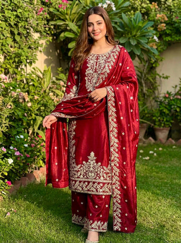 Wine Red Embroidered Kurti Set with Matching Plazzo For Festive & Wedding Wear