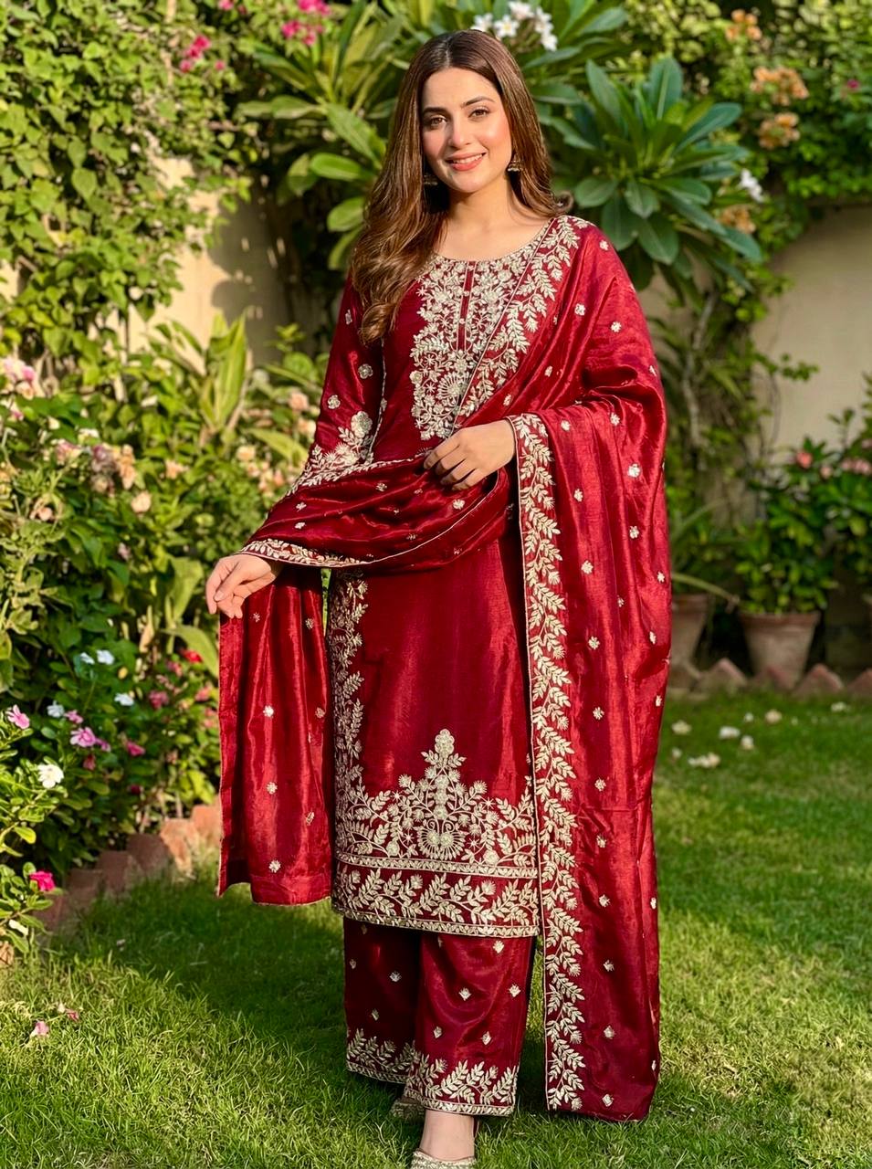 Wine Red Embroidered Kurti Set with Matching Plazzo For Festive & Wedding Wear