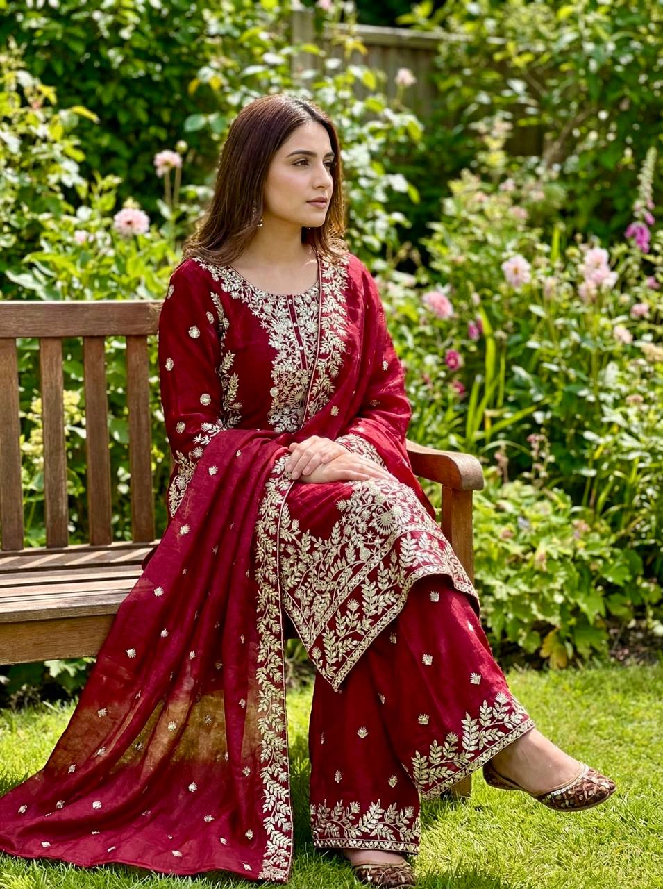 Wine Red Embroidered Kurti Set with Matching Plazzo For Festive & Wedding Wear