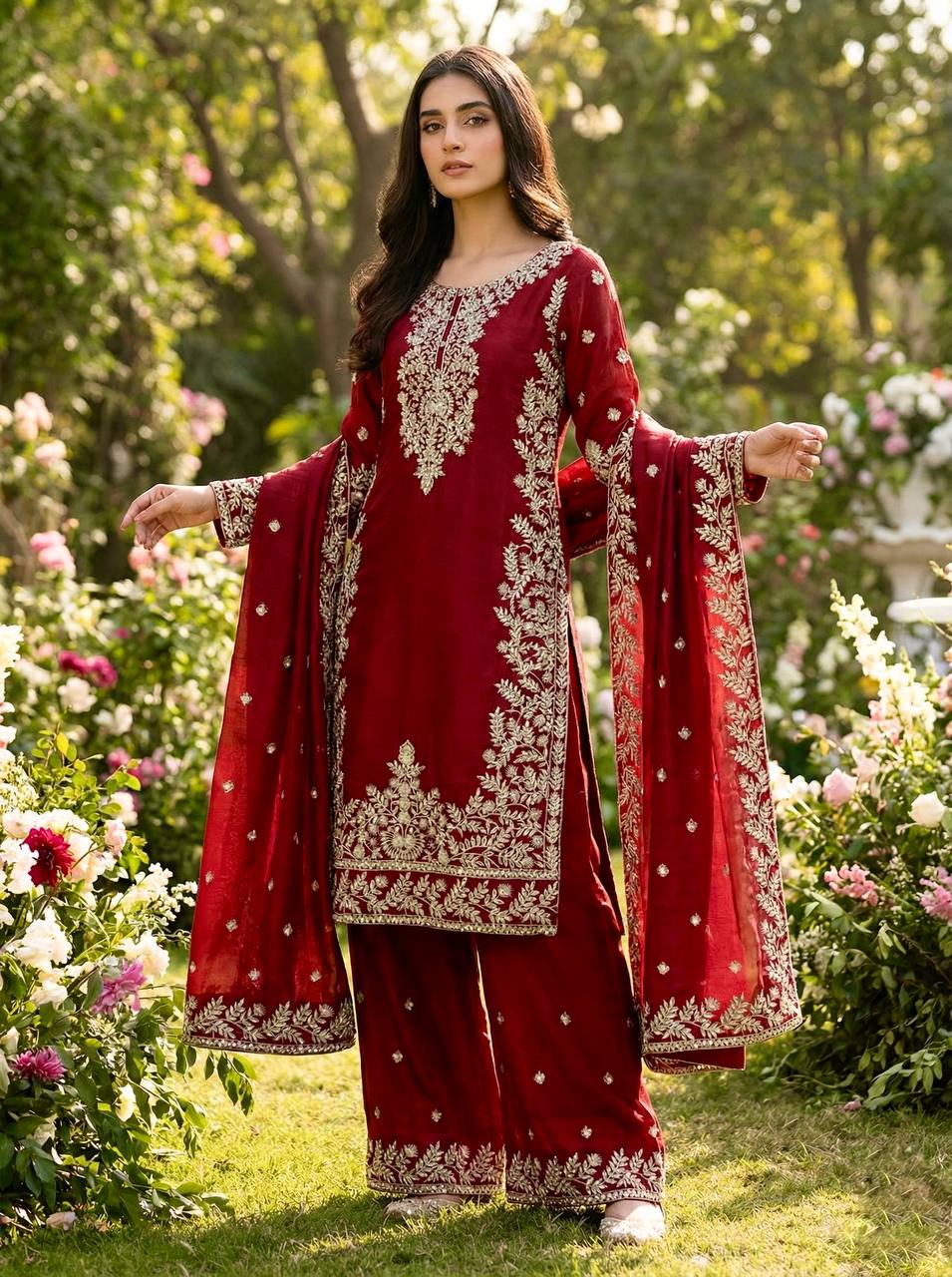 Wine Red Embroidered Kurti Set with Matching Plazzo For Festive & Wedding Wear