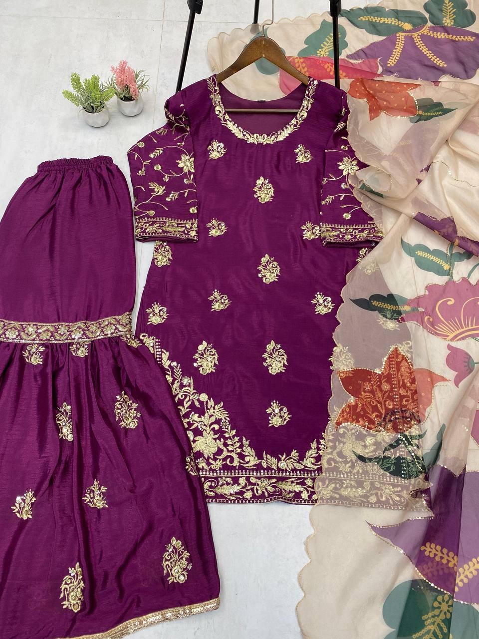 Designer Black Embroidered Kurti Sharara Set with Designer Dupatta