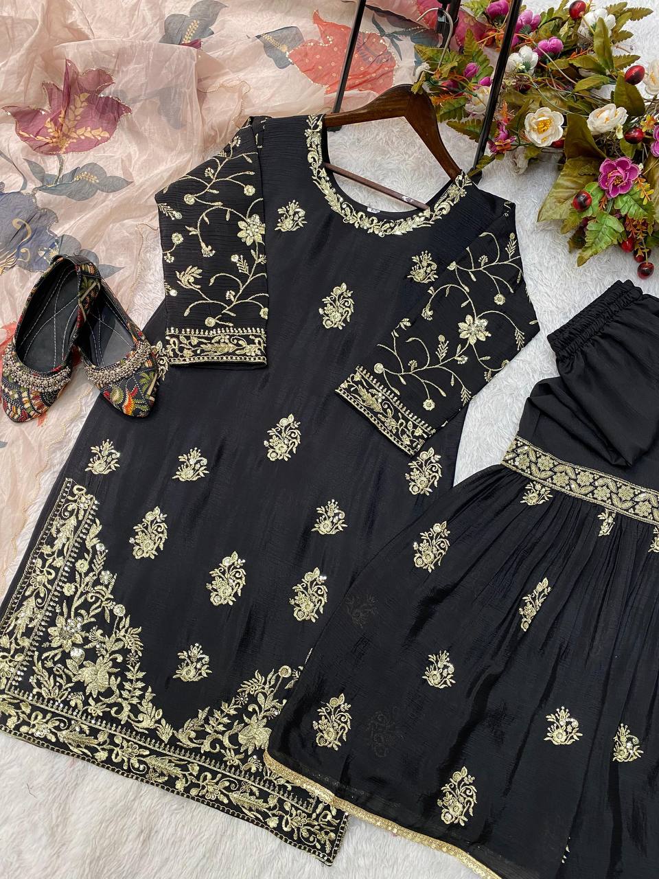 Designer Black Embroidered Kurti Sharara Set with Designer Dupatta
