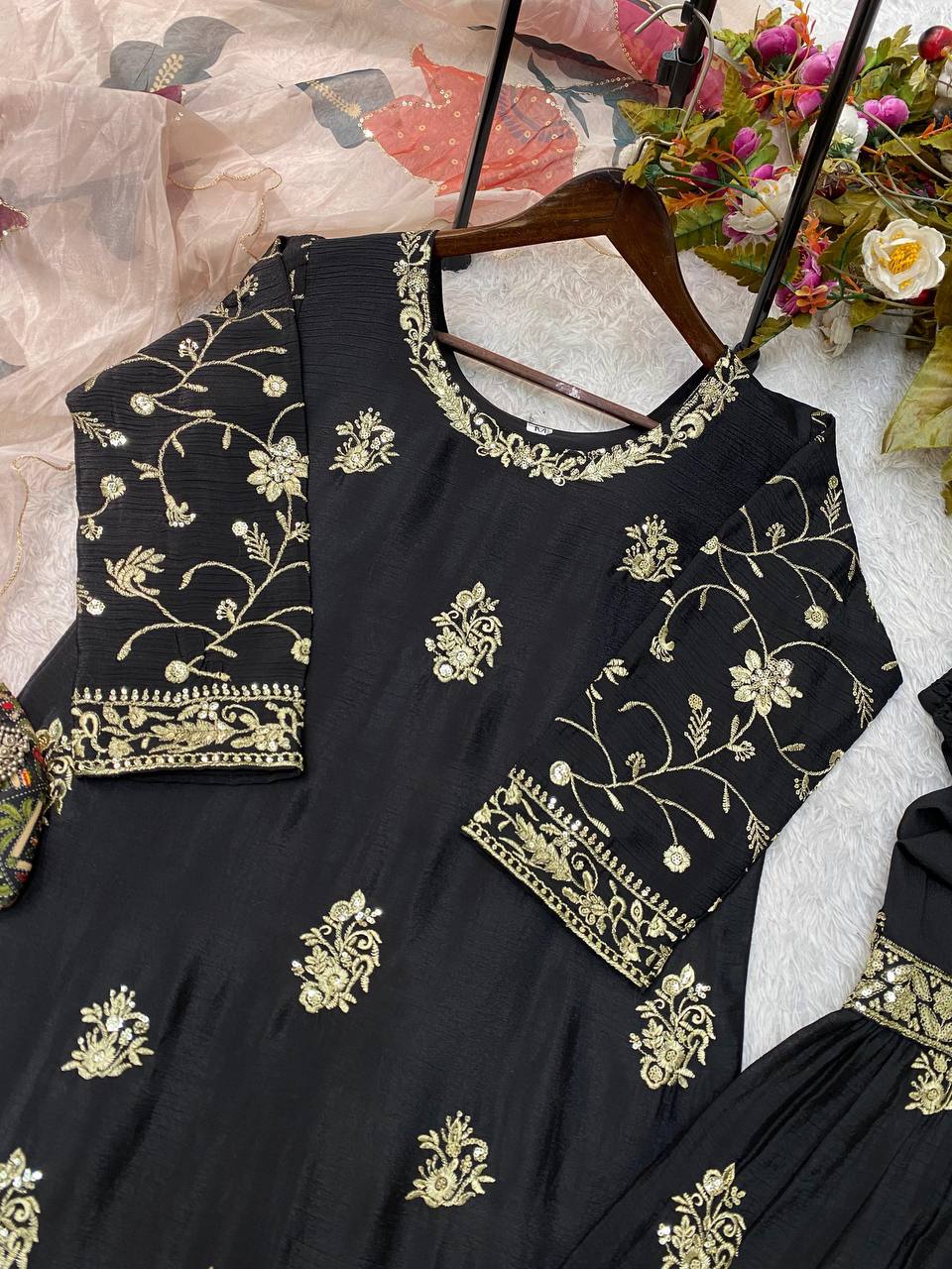Designer Black Embroidered Kurti Sharara Set with Designer Dupatta