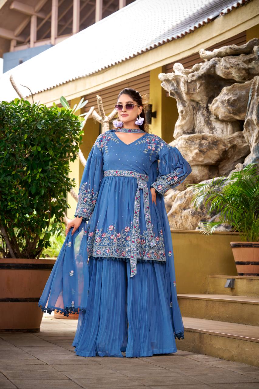 Designer Blue Plazzo Outfit with Elegant Embroidery Work