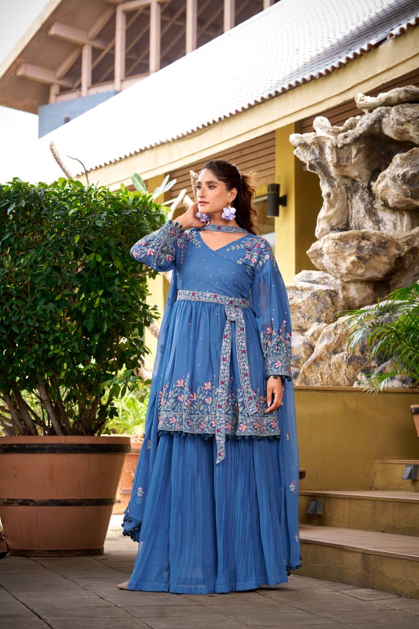 Designer Blue Plazzo Outfit with Elegant Embroidery Work
