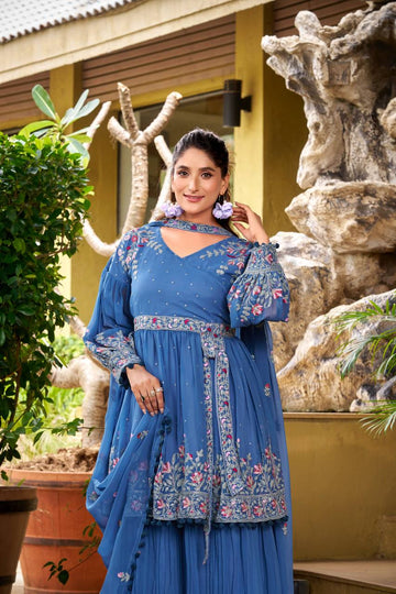 Designer Blue Plazzo Outfit with Elegant Embroidery Work